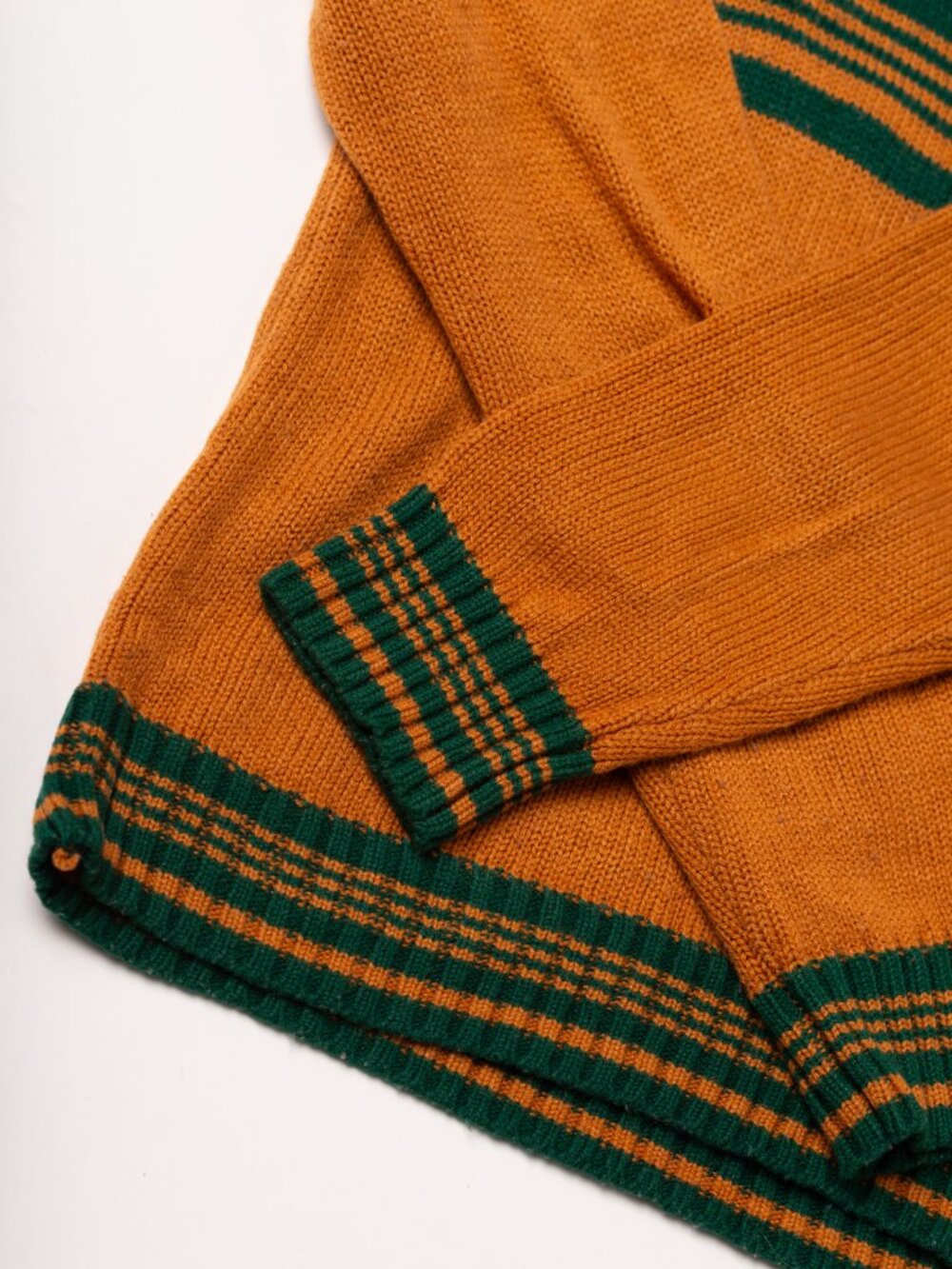Vintage 70s Children's Green Yellow Striped Collegiate Crewneck Sweater Medium - Picture 2 of 10
